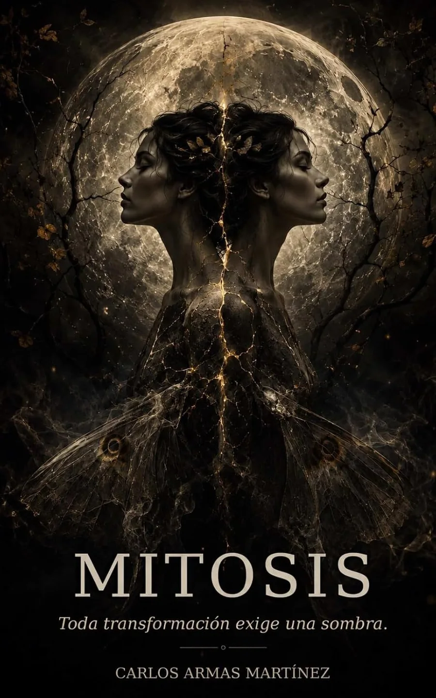 Portada de «MITOSIS: Toda transformación exige una sombra», de Carlos Armas Martínez: dos perfiles de mujer unidos por una grieta dorada ante una luna llena.