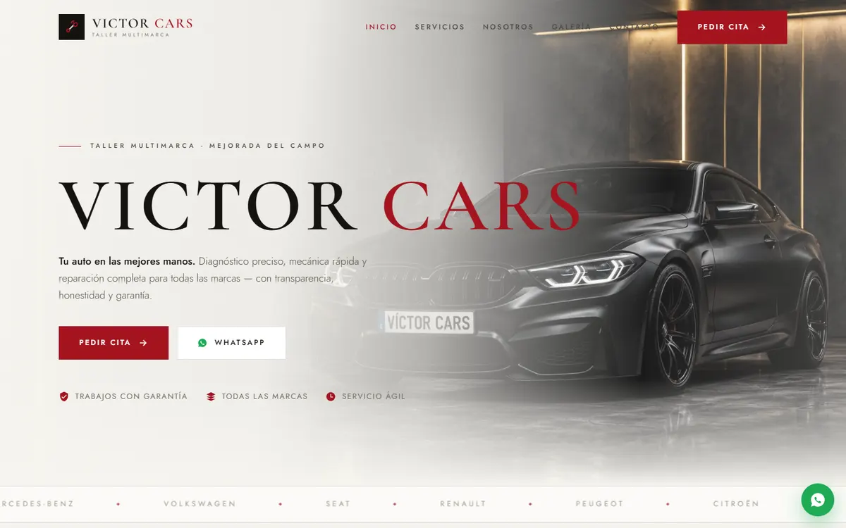 Web de Victor Cars, taller mecánico con cita en línea: el nombre del taller en grandes letras junto a un deportivo negro y el botón «Pedir cita».
